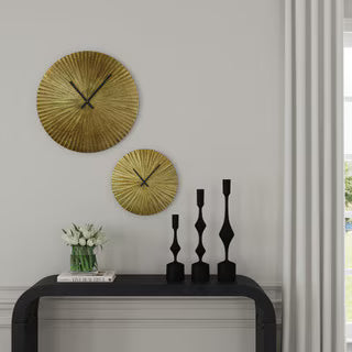 Large Round Sunburst Textured Wall Clock, 23"W, Antique Brass