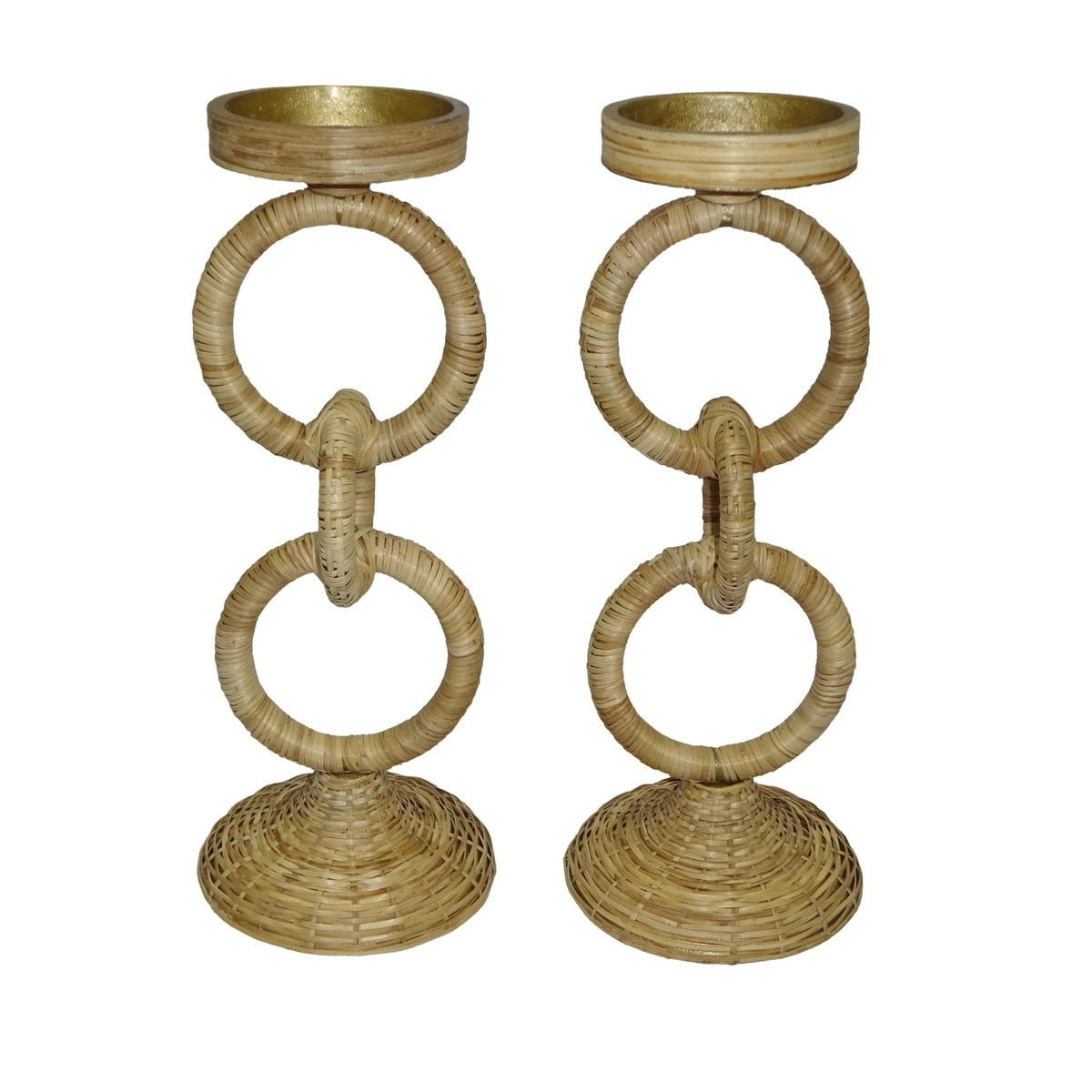 Rattan Wrapped Ring Pillar Candlestick, 13.5"H, 2 Piece Set, Natural