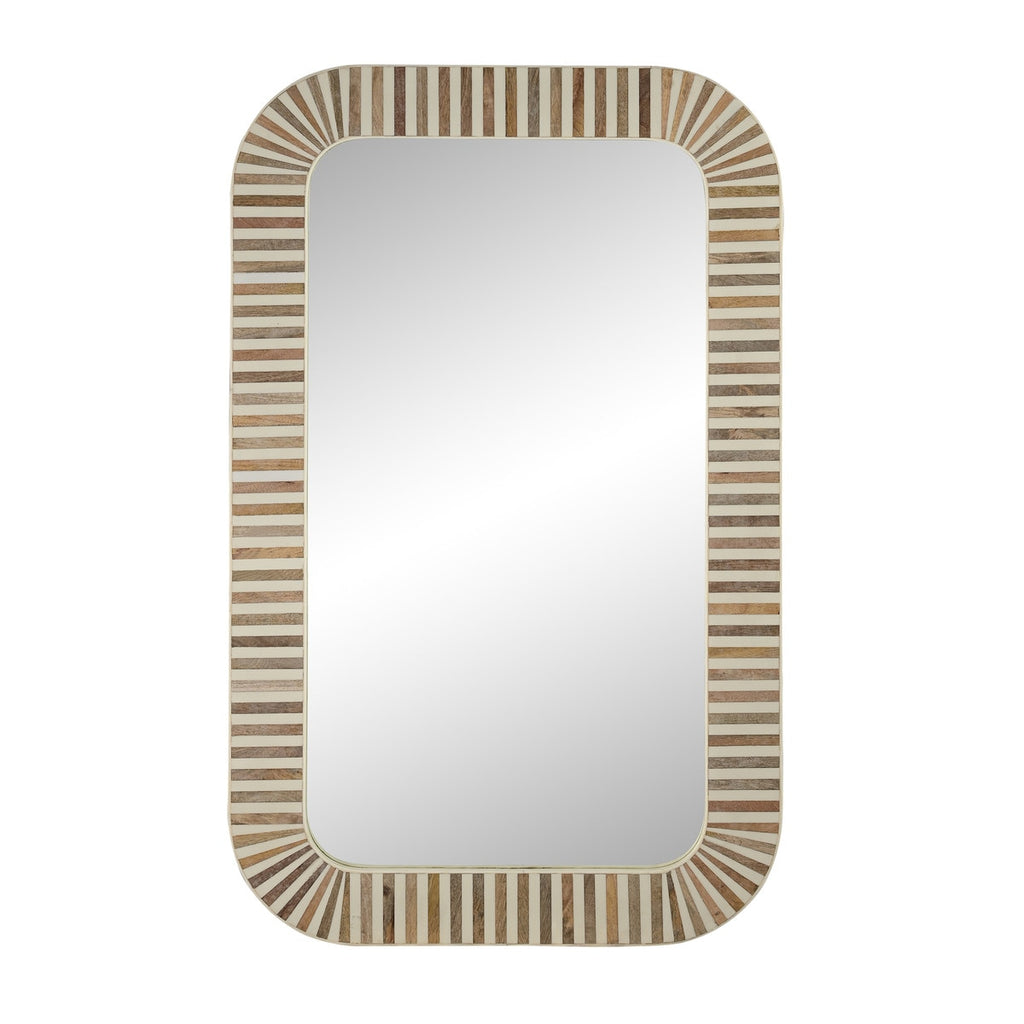 Wood and Bone Inlay Rectangular Mirror, Rounded Corners, White Stripes, 36''H, Natural and White