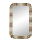 Wood and Bone Inlay Rectangular Mirror, Rounded Corners, White Stripes, 36''H, Natural and White