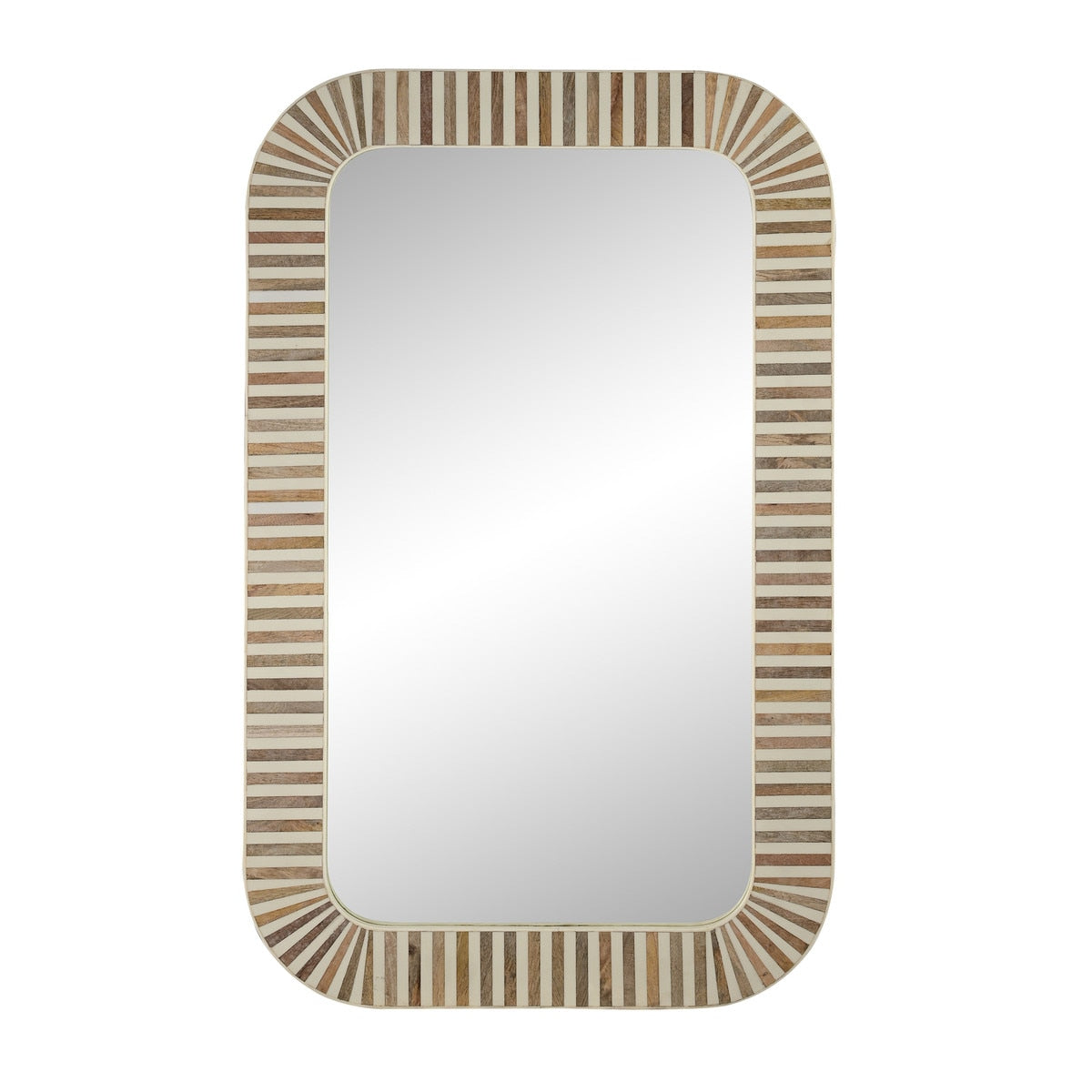 Wood and Bone Inlay Rectangular Mirror, Rounded Corners, White Stripes, 36''H, Natural and White