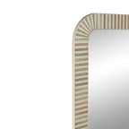 Wood and Bone Inlay Rectangular Mirror, Rounded Corners, White Stripes, 36''H, Natural and White