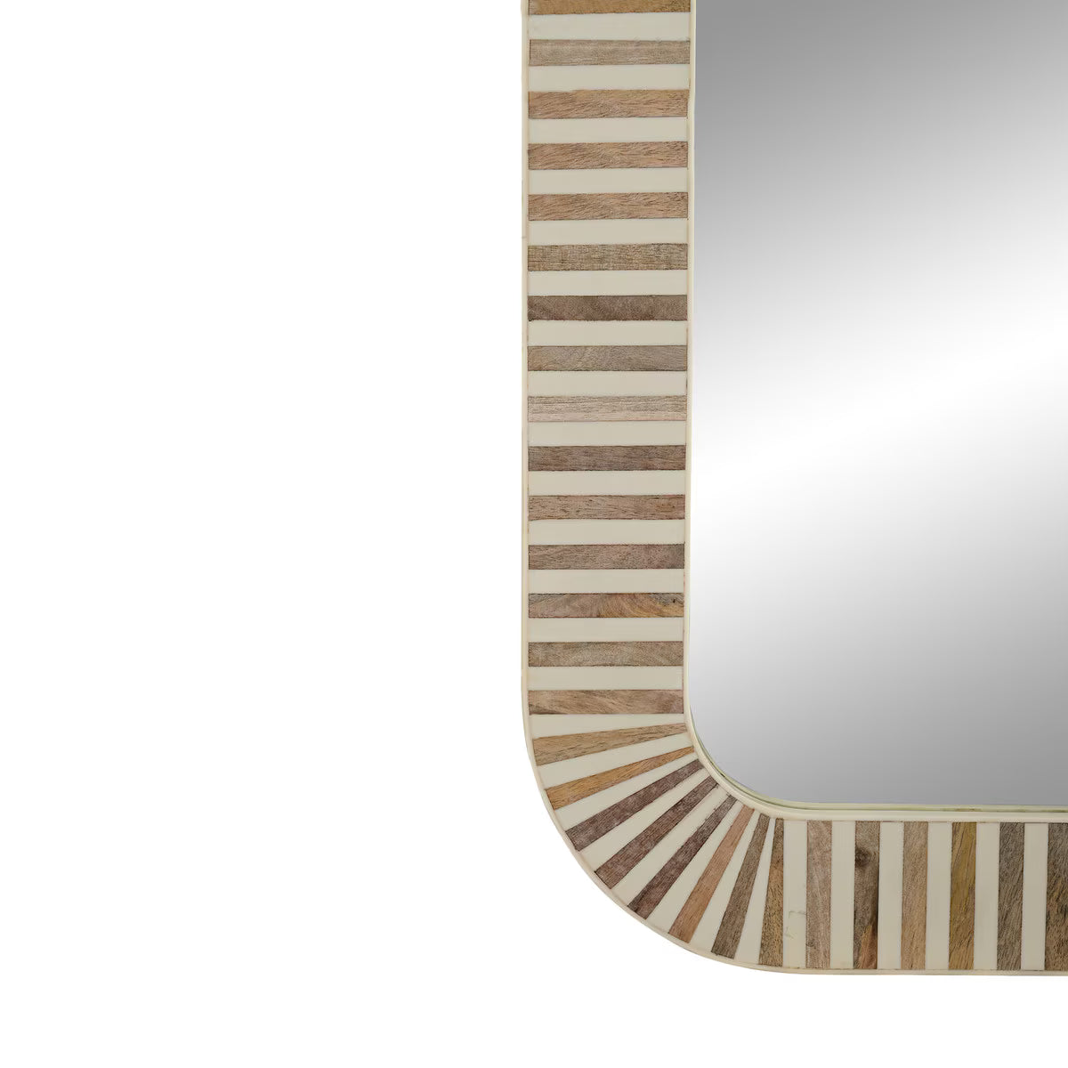 Wood and Bone Inlay Rectangular Mirror, Rounded Corners, White Stripes, 36''H, Natural and White