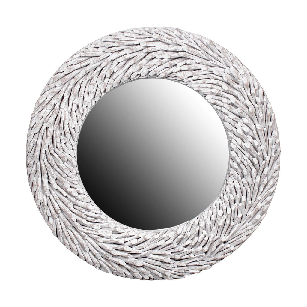 Round Teak Branch Frame Mirror,35"W, Whitewash