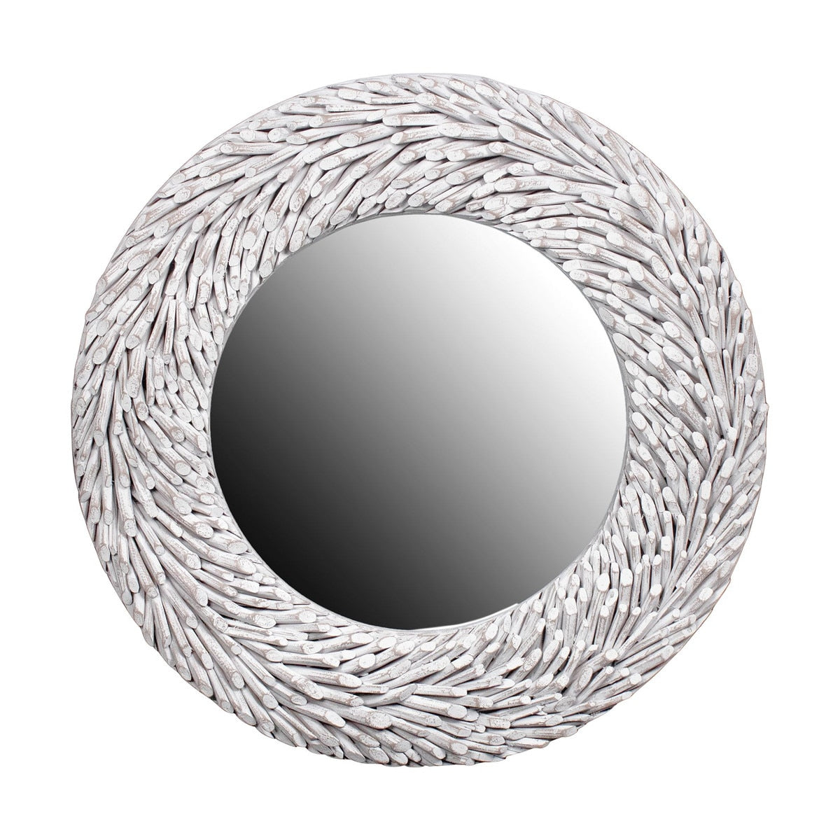 Round Teak Branch Frame Mirror,35"W, Whitewash