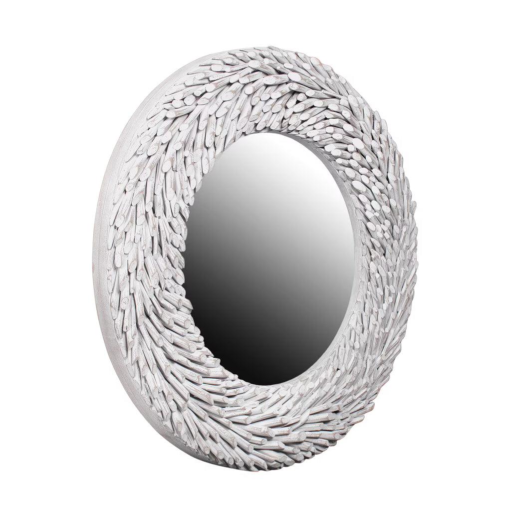 Round Teak Branch Frame Mirror,35"W, Whitewash