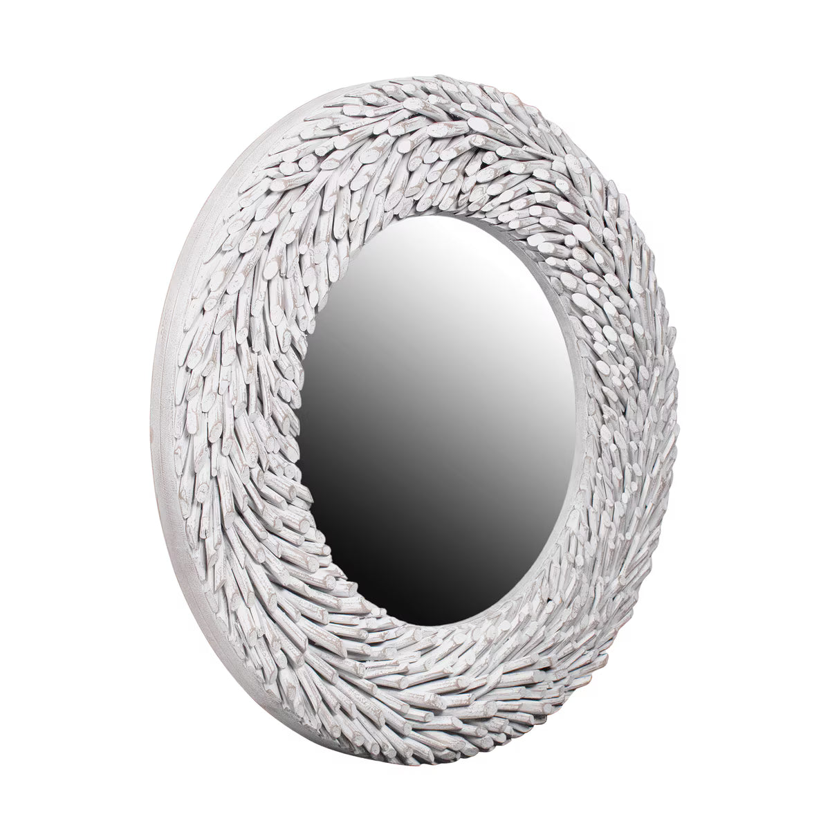 Round Teak Branch Frame Mirror,35"W, Whitewash
