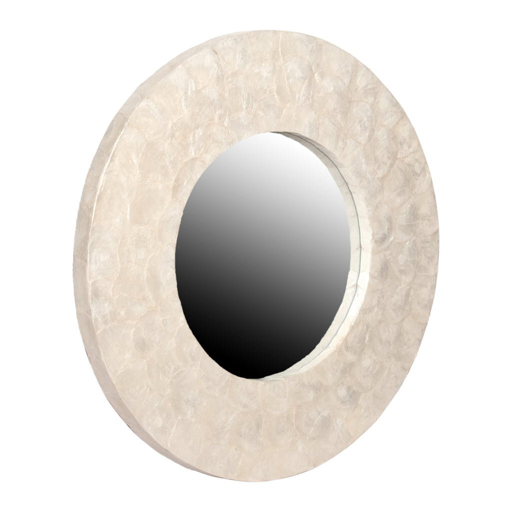Capiz Round Wide Frame Mirror, 35"W, White