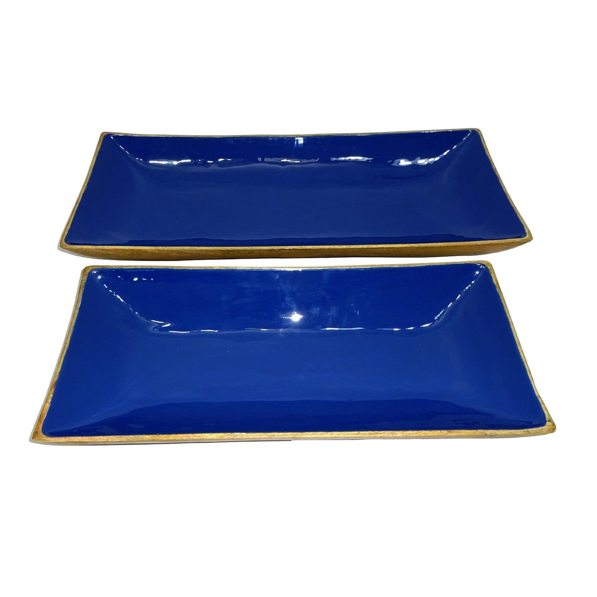Enamel and Mangowood Rectangular Trays, 2 Piece Set, 20.25"W & 24.25"W, Navy/Natural