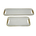 Rectangular Enamel Metal Trays With Rattan Wrapped Handles, 21.25"W & 13.75"W, 2 Piece Set, White/Gold