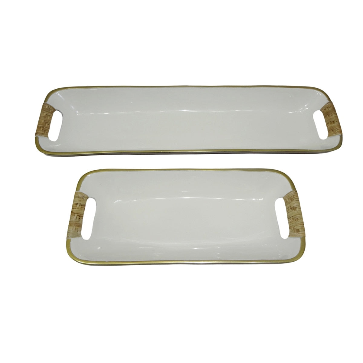 Rectangular Enamel Metal Trays With Rattan Wrapped Handles, 21.25"W & 13.75"W, 2 Piece Set, White/Gold
