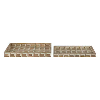 Decorative Geometric Trays, Set of 2, 16'"W and 14''W, Natural and White