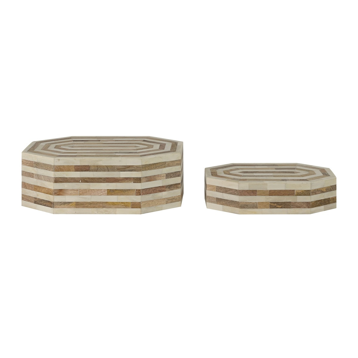 Enlongated Octogan Decorative Boxes, Set of 2, 14''W and 12''W, Natural and White