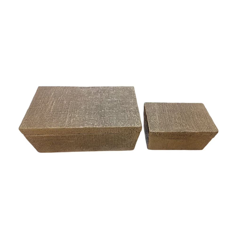 Rectangular Boxes With Embossed Jute Design, 11.5"W & 7"W, 2 Piece Set, Antique Brass