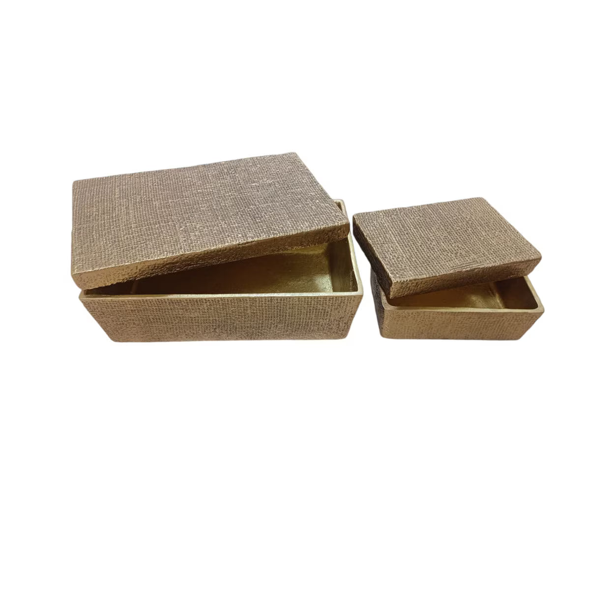 Rectangular Boxes With Embossed Jute Design, 11.5"W & 7"W, 2 Piece Set, Antique Brass