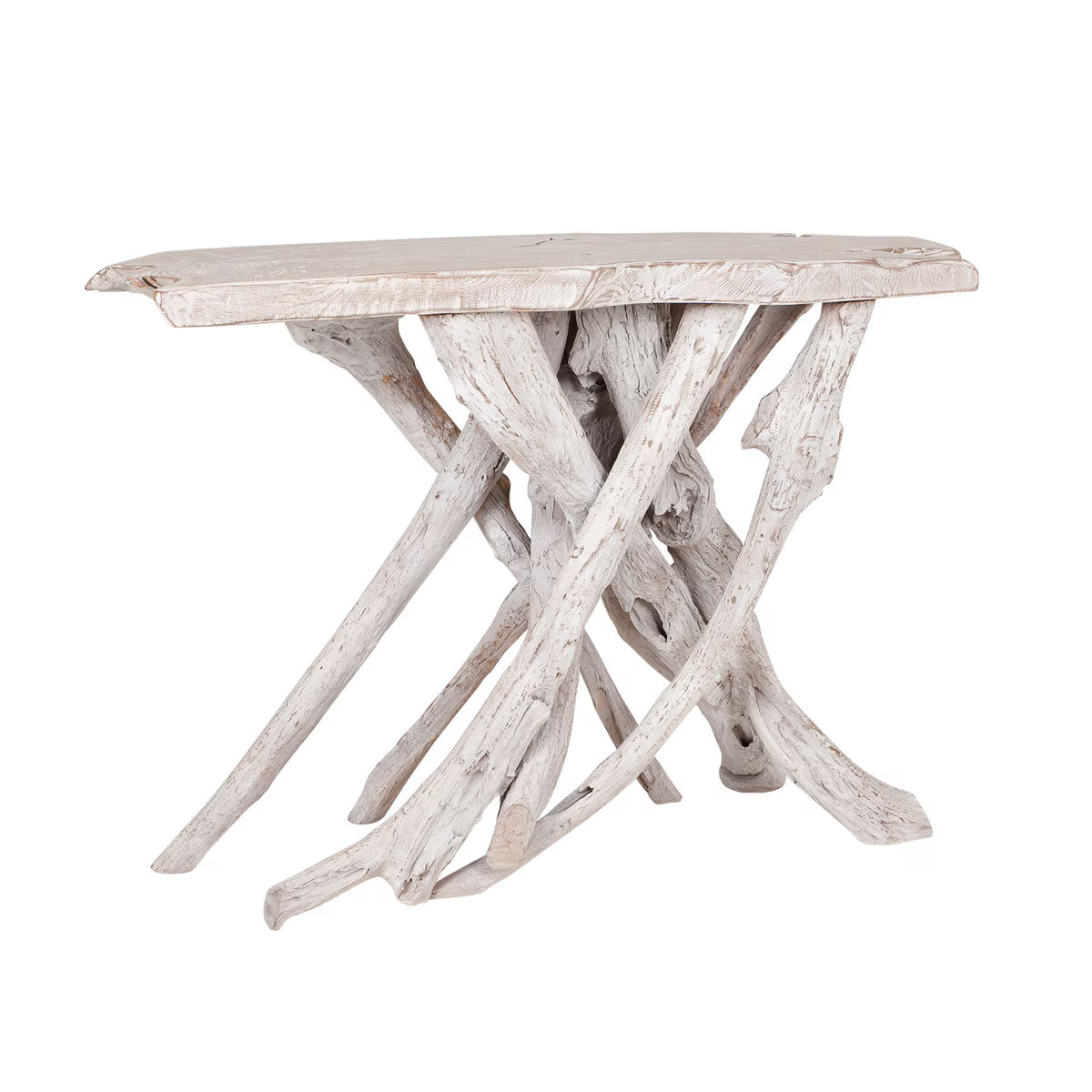 Roell Teak Top Console Table with Natural Root Base, White Wash