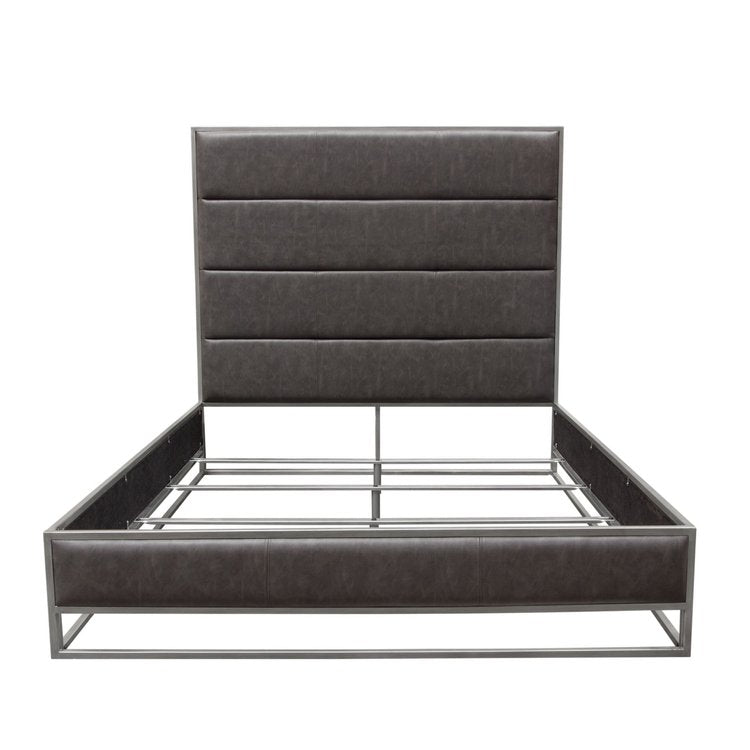Empire Queen Bed in Weathered Grey PU with Hand brushed Silver Metal Frame