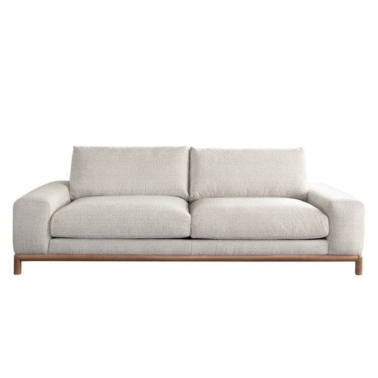 Fallon Sofa In Light Barley Polyester Fabric With Wood Trim & Leg
