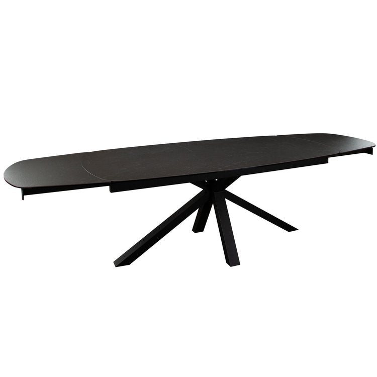 Onyx Rectangle Extension Dining Table w/ Black Ceramic Glass Top & Black Metal Leg