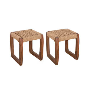 Woven Top Wood Stools, Set Of 2, Medium Brown