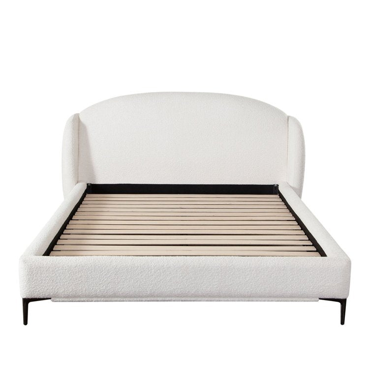 Path Low Profile Eastern King Bed In Oslo Ivory Fabric W/ Contoured Headboard And Black Metal Leg