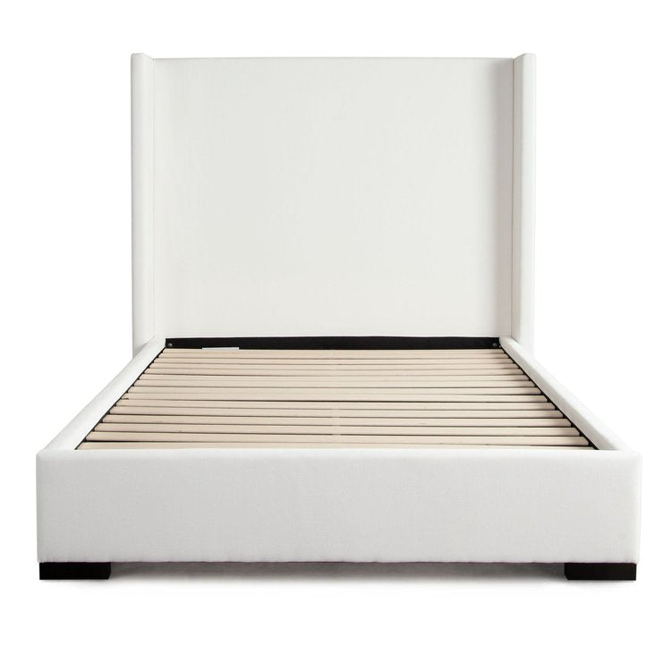 Seattle Queen Bed W/ Wing Accents And Mattress Platform In White Performance Fabric