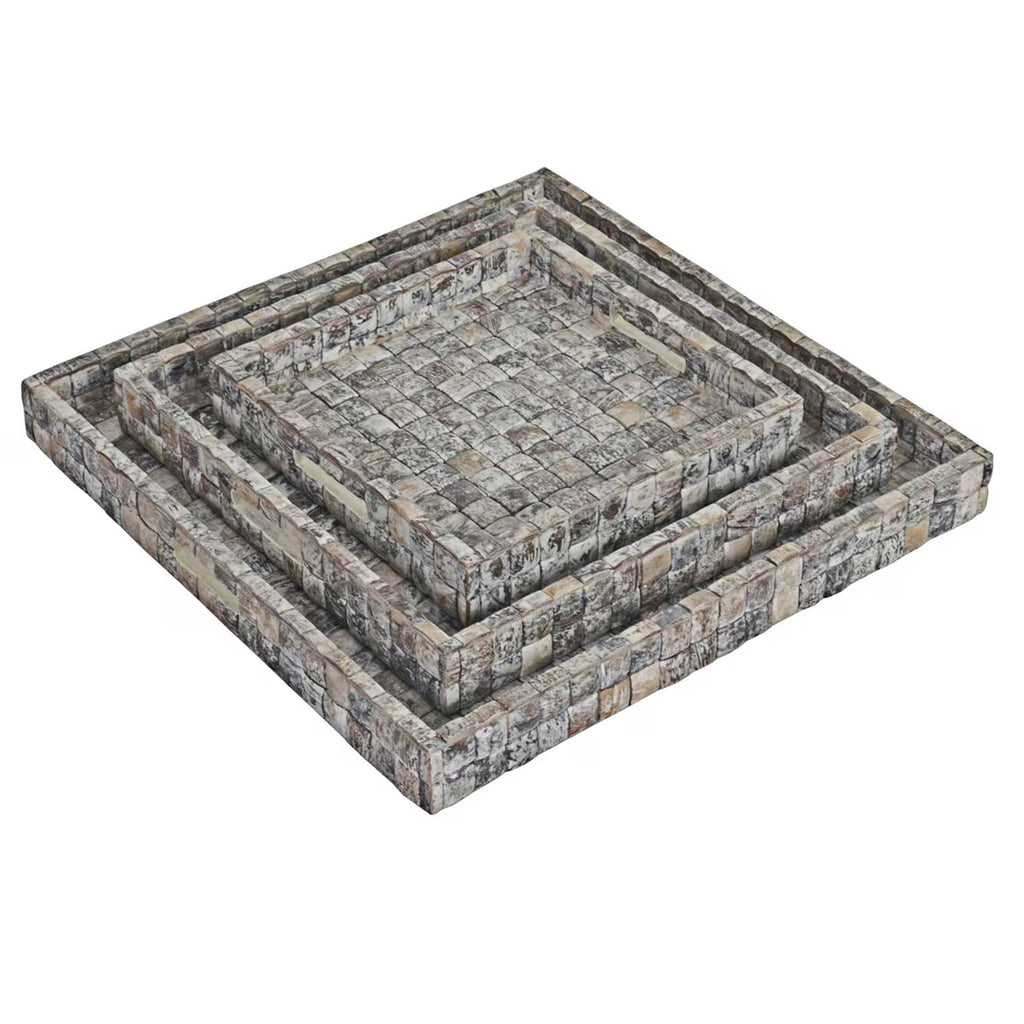 Square Coconut Shell Trays, Set of 3, Fog Grain