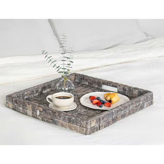 Square Coconut Shell Trays, Set of 3, Fog Grain