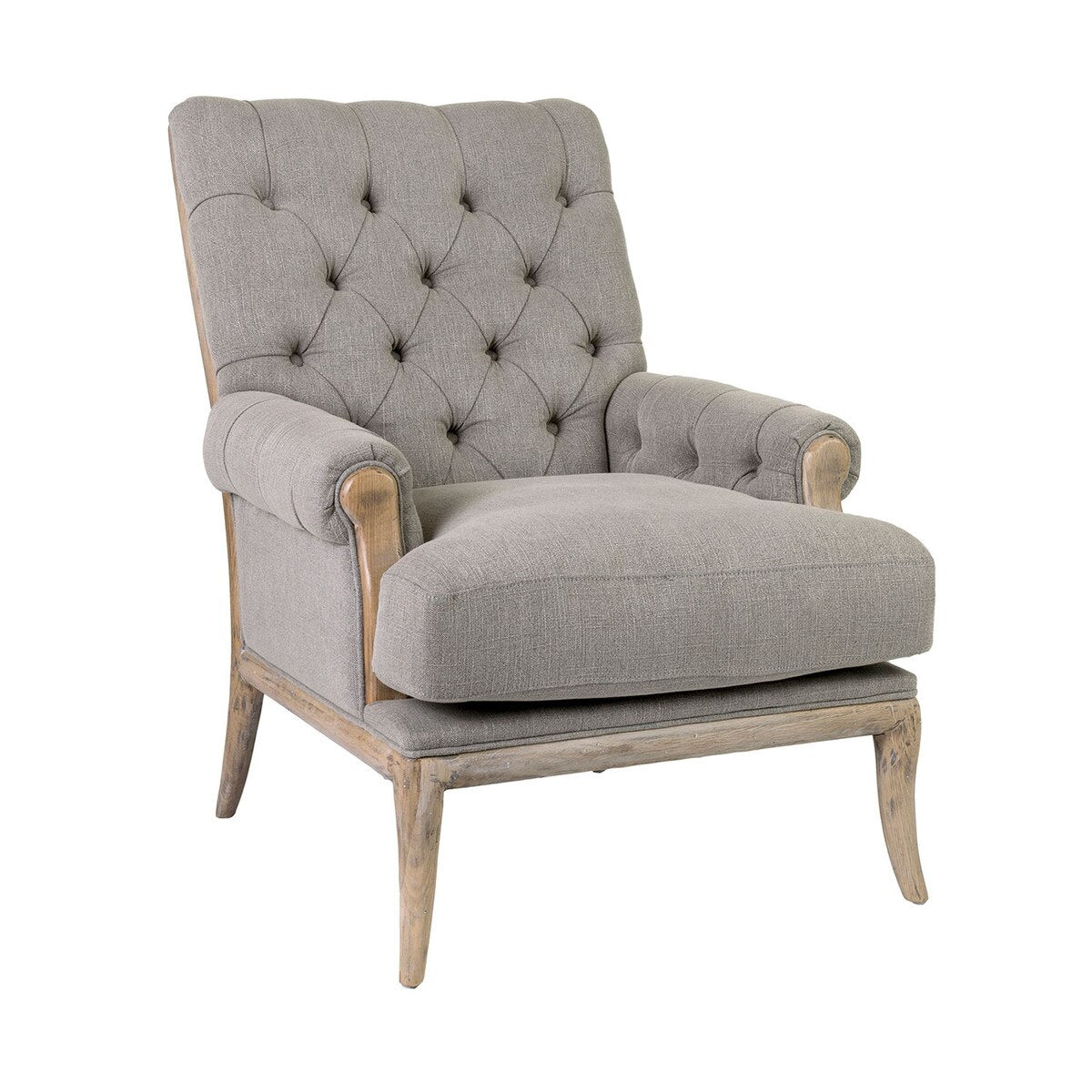 Branson Upholstered Arm Chair with Distressed Wood Legs, Grey