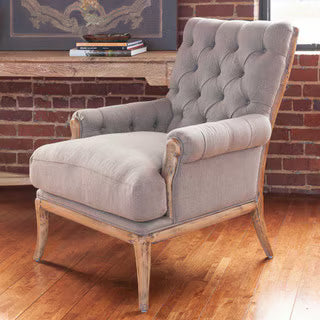 Branson Upholstered Arm Chair with Distressed Wood Legs, Grey