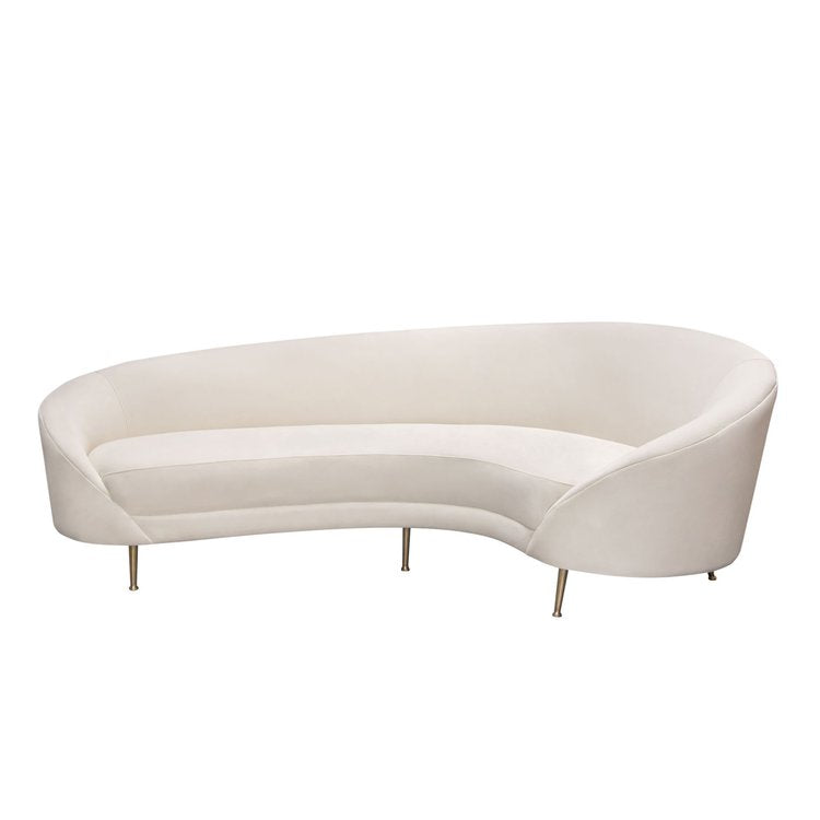 Celine Curved Sofa with Contoured Back in Light Cream Velvet and Gold Metal Legs